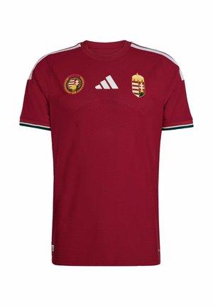 Donkerrood voetbalshirt met wit Adidas-logo, Hongaarse nationale teambadge en 125-jarig jubileummerken op de borst, witte strepen op de schouders.