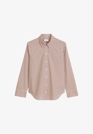 Long-sleeve button-up shirt with beige base and repeating small brown floral pattern, featuring a classic collar and curved hem.