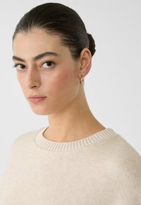 Beige Pullover mit geripptem Kragen, charakterisiert durch eine glatte Textur und einen entspannten Schnitt, getragen von einem Model mit zurückgegelten Haaren.