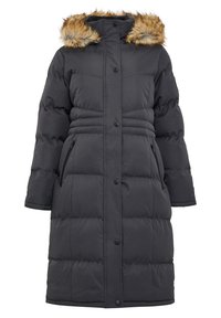 Dunkelgraue Daunenjacke mit gefütterter Kapuze, Druckknöpfen, Reißverschluss-Taschen und einem gesteppten Design für zusätzliche Isolierung.