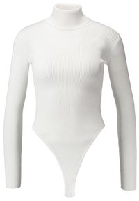 Weißer gerippter Bodysuit mit langen Ärmeln, hohem Kragen und einem tiefen V-förmigen Unterteil. Glatte Textur mit durchgehend gleichmäßigem Rippmuster.