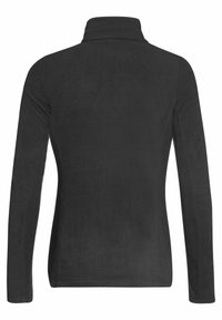 Camiseta de forro polar negra de mangas largas con cuello alto; textura suave; sin cierres ni patrones visibles; diseño ajustado con una apariencia minimalista.