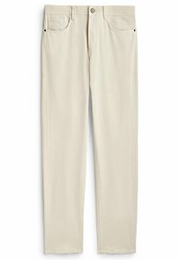 Beiga bomullbyxor med rak bendesign, som har två framfickor, en metallknappsstängning och subtila sömdetaljer.