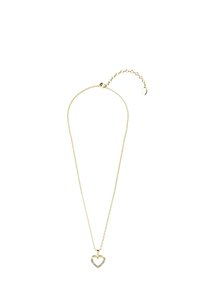 Goldene Kettenhalskette mit einem herzförmigen Anhänger, der mit kleinen klaren Steinen verziert ist, glatter Textur und verstellbarer Länge mit einem Verschluss.