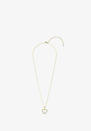 Collana in oro con pendente a forma di cuore, decorato con piccole pietre trasparenti, texture liscia e lunghezza regolabile con chiusura.