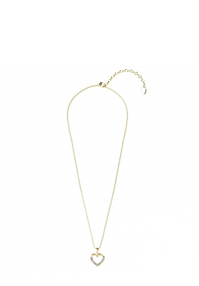 Goldene Kettenhalskette mit einem herzförmigen Anhänger, der mit kleinen klaren Steinen verziert ist, glatter Textur und verstellbarer L�änge mit einem Verschluss.