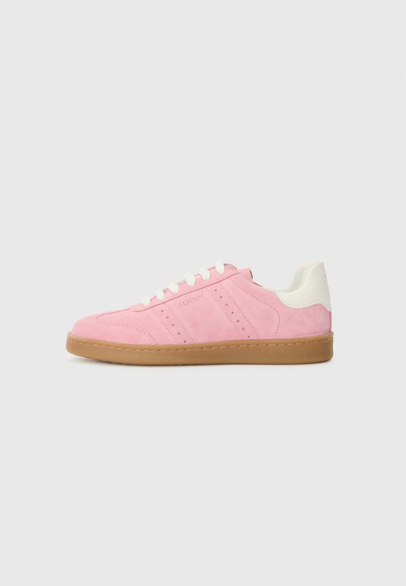 Pink suede sneaker with white accents, rubber sole, and perforated stripes. Features laces and a curved back, designed for casual wear.