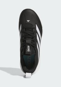 Black athletic shoe with a textured surface, white stripes, and a black lacing system. Features a prominent "ADIZERO" logo on the tongue.