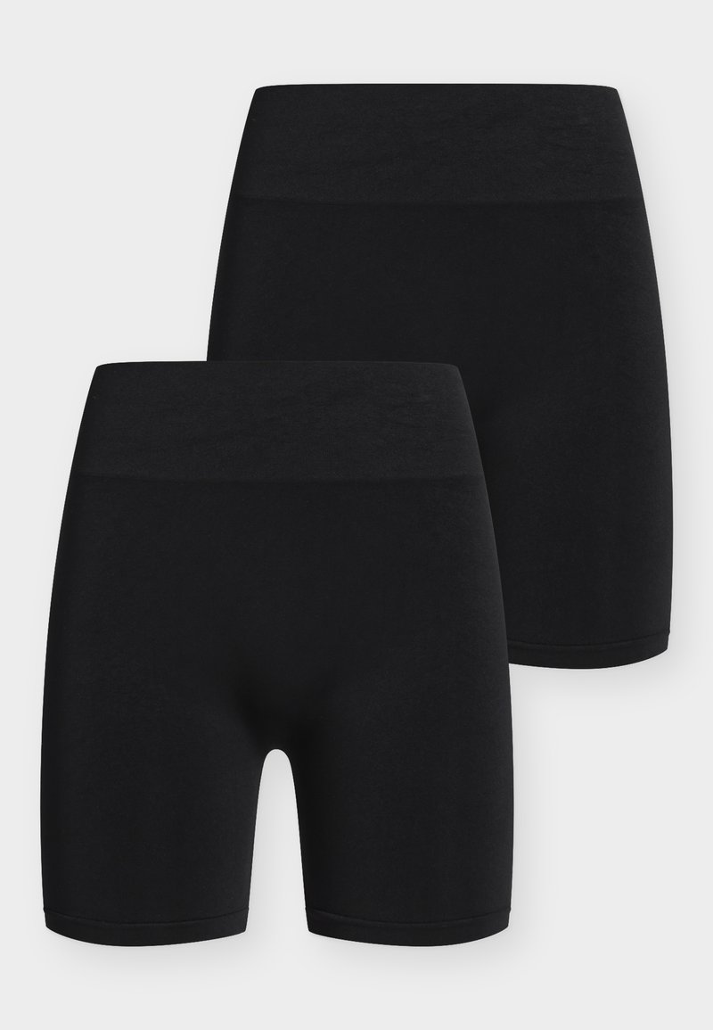 Δύο μαύρα αδιάκοπα σορτς με ψηλή μέση, το ένα με μακρύτερο μήκος ποδιού και το άλλο με πιο κοντό, εμφανίζονται σε λευκό φόντο.