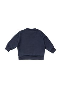 Dark blue long-sleeve sweatshirt with ribbed cuffs, collar, and waistband shown from the back on a white background.
