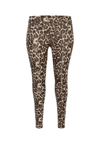 Leggings à motif léopard avec une coupe ajustée, une texture lisse, et un mélange de couleurs marron et beige, dotés d'une taille haute.