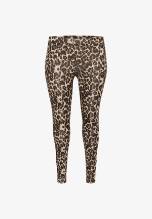 Leopard print leggings featuring a fitted design, smooth texture, and a mix of brown and beige colors with a high waistband.