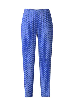 Pantaloni blu a fantasia con una vita elasticizzata, caratterizzati da un motivo ripetuto di cuori bianchi, realizzati in un materiale liscio e leggero.