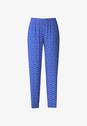Blue patterned pants with a stretchy waistband, featuring a repeated white heart design, made from a smooth, lightweight material.