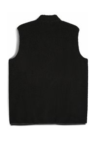 Schwarze ärmellose Weste aus strukturiertem Fleece, ausgestattet mit einem hohen Kragen und ohne sichtbare Beschläge, entworfen für Wärme und Komfort.