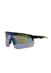 Occhiali sportivi con montatura nera, grandi lenti specchiate multicolori e dettagli verdi. Design elegante con bordi angolari e forma avvolgente.