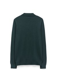 Dunkelgrüner Strickpullover mit Kragen, langen Ärmeln und gerippten Bündchen und Saum. Glatte Textur mit einfarbigem Design.