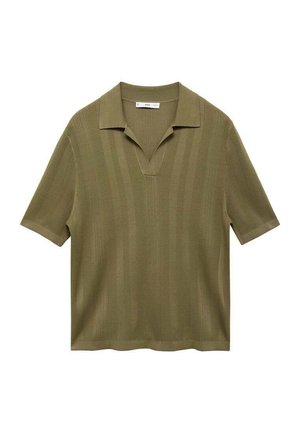 Olivovo zelená polokošeľa s krátkym rukávom, s textúrovaným pleteným vzorom, s plochým golierom a výstrihom do V.