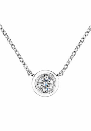 Collar de plata con un colgante redondo que presenta una gema central brillante y clara. El diseño de la cadena es delicado con segmentos enlazados.