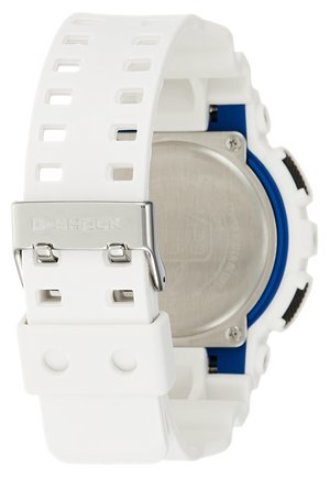 Baltas dervos laikrodis su tekstūruotu dirželiu, mėlynais akcentais, nerūdijančio plieno nugarėle ir sidabriniu užsegimu, kuriame išgraviruota "G-SHOCK".