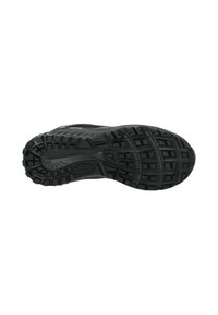 Zwarte sportieve schoenzool van gestileerd rubber, met diepe profiel voor grip en een kenmerkend patroon. Ronde neus en stevige hielondersteuning.