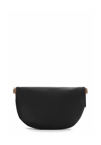 Sort faux læder clutch taske med en afrundet bund, tan remaccent og glat tekstur. Lynlåslukning øverst. Minimalistisk design.