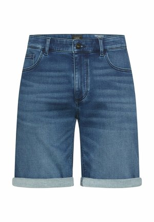 Blaue Jeansshorts mit umgeschlagenen Säumen, vorderer Knopfleiste, Gürtelschlaufen und Fünf-Taschen-Design.