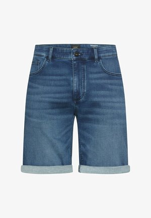 Blaue Jeansshorts mit umgeschlagenen Säumen, vorderer Knopfleiste, Gürtelschlaufen und Fünf-Taschen-Design.