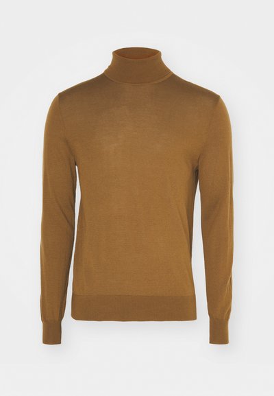 Καφέ πουλόβερ με ψηλό λαιμό φτιαγμένο από μαλακό πλεκτό ύφασμα. Διαθέτει μακριά μανίκια, εφαρμοστό ριμπ λαιμό και λεπτομέρειες στις μανσέτες. Λείος, ελαφρύς υφασμάτινος χαρακτήρας.