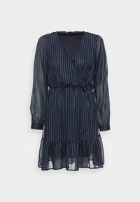 Vestido envolvente azul-marinho com mangas longas transparentes, riscados metálicos verticais, decote em V, cintura elástica e barra com volantes.