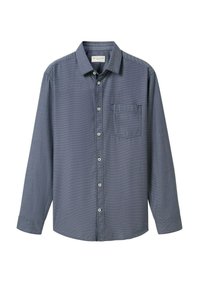 Camisa de hombre de manga larga abotonada en azul oscuro con un patrón sutil y un bolsillo en el pecho, presentada sobre un fondo blanco.