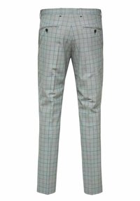 Šedé kostkované kalhoty s kostkovaným vzorem, rovný střih, dvě zadní kapsy a jemné modré akcenty.