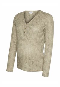 Ilgi piedurkņu grūtnieču topiņš ar ribotiem tekstūru gaiši bēšā krāsā, V-veida kakla izgriezums, piecu pogu aizdare, piegulošs dizains, lai pielāgotos augošam vēderam.