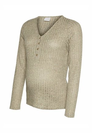 Ilgi piedurkņu grūtnieču topiņš ar ribotiem tekstūru gaiši bēšā krāsā, V-veida kakla izgriezums, piecu pogu aizdare, piegulošs dizains, lai pielāgotos augošam vēderam.