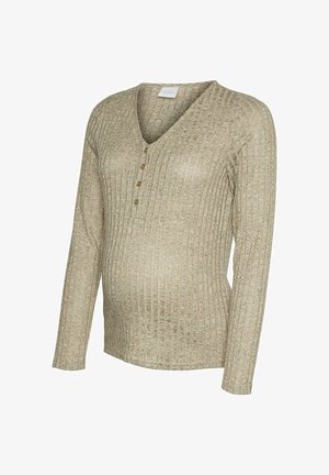 Pika varrukaga rasedusaegne pluus, kerge beeži värviga soonikkoeline tekstuur, V-kaelus, viie nööbiga lõhik, keha järgnev lõige kasvava kõhu jaoks.