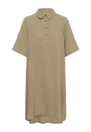 Light brown, short-sleeve, knee-length dress with a collar and four buttons on the front placket, made from textured fabric.