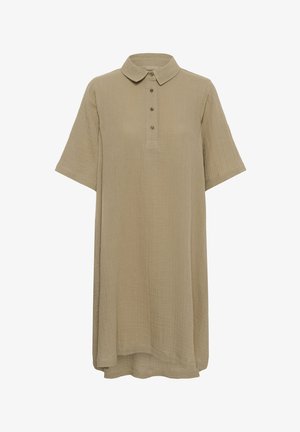 Vestito marrone chiaro, a maniche corte, lungo fino al ginocchio con colletto e quattro bottoni sulla patta frontale, realizzato in tessuto testurizzato.