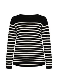 Fekete-fehér csíkos pulóver hosszú ujjakkal, kerek nyakkivágással és laza fazonnal. Ribbed mandzsettákkal és aljjal rendelkezik, ami plusz textúrát ad.