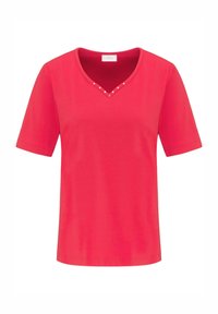T-shirt rosso a maniche corte con scollatura a V, caratterizzato da strass decorativi attorno al collo. Realizzato in un tessuto morbido e liscio.