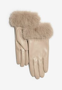 Beez pruun nahast kindad, millel on pehme, kohe vahepealne karvane äär. Kindad on istuv disainiga ja neil on neli eraldi sõrmeosa.