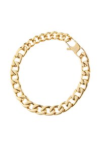 Bracciale in oro con anelli ovali, finitura lucida e chiusura sicura. Il design è massiccio, con una superficie liscia e riflettente.