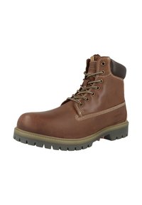 Stivale in pelle marrone con colletto imbottito, robusti lacci e cuciture a contrasto. Presenta una suola spessa per trazione e durabilità.