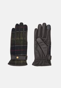 Leather and plaid gloves featuring a green, navy, and red check pattern, with elastic cuffs and a decorative strap with a button detail.