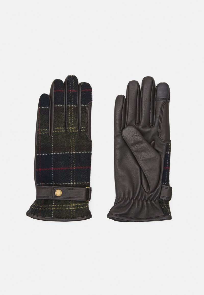 Leather and plaid gloves featuring a green, navy, and red check pattern, with elastic cuffs and a decorative strap with a button detail.