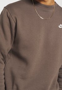 Osoba oblečená v hnědém svetr Nike a tenkém zlatém náhrdelníku, zachycena od krku po střed trupu.