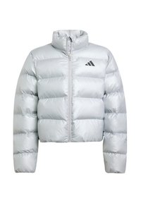 Veste argentée gonflante avec col haut, fermeture éclair intégrale et design matelassé horizontal. Présente un logo noir sur le côté gauche.