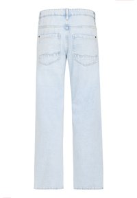 Jeans a gamba dritta azzurro chiaro con vita alta, cuciture visibili, due tasche posteriori e orlo pulito. Realizzati in tessuto denim.