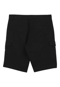 Schwarze Cargo-Shorts mit zwei seitlichen Taschen und zwei Gesäßtaschen, gerade geschnitten und mit flachem Bund. Hergestellt aus einem Baumwollmischgewebe.