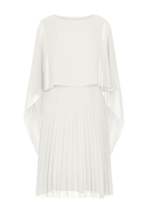 White pleated dress with a sheer overlay and long cape-like sleeves. Features a round neck and a back zipper closure. Lightweight fabric.