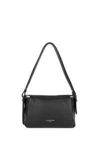 Schwarze Lederhandtasche mit strukturierter Oberfläche, kurzem Träger, goldenen Logo-Details und einer strukturierten rechteckigen Form.